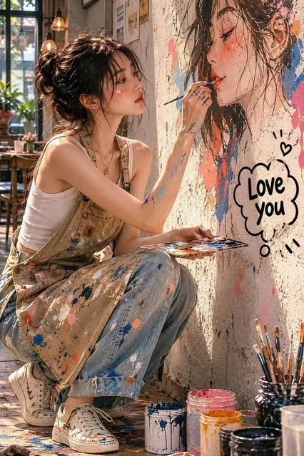 Create a realistic, editorial-style portrait photo set in a cozy and artistic café. The subject is painting a large-scal