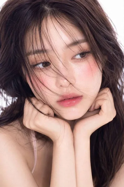 Ultra-realistic cinematic beauty portrait of a young Korean woman, soft dewy glass skin, natural pink blush, glossy grad