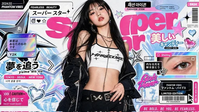 Ultra-stylized high-fashion editorial poster of a confident young Asian female model standing in the center frame, elega
