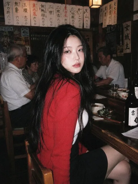 A 90s disposable-camera style flash snapshot taken inside a small, bustling Japanese izakaya decorated with handwritten