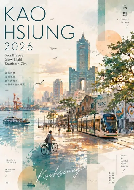 Watercolor and collage travel poster for Kaohsiung, Taiwan, vertical layout, soft pastel and warm golden hour color pale