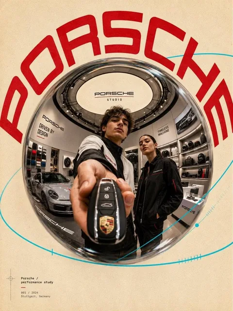Ultra-stylized futuristic brand campaign poster inside a premium flagship store or branded experience studio, cinematic