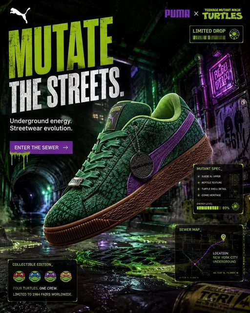 A hyper-realistic PUMA Suede XL Teenage Mutant Ninja Turtles edition sneaker floats in a dark, wet, New York-inspired alley with green fluorescent and purple neon lighting.
