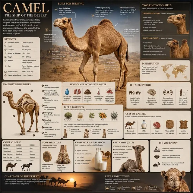 Create a premium square “reference-style wildlife infographic” centered around the camel, designed as a beautifully cura