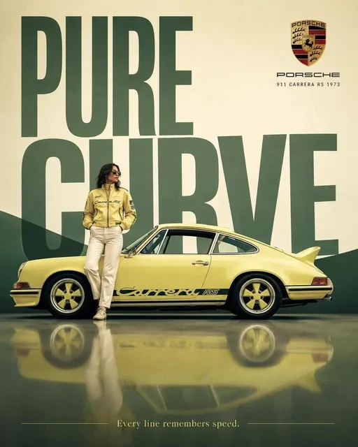 High-end surreal automotive advertising poster for [BRAND] [CAR MODEL], iconic vintage car shown in clean side profile,