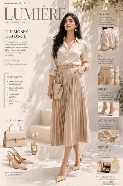 A high-fashion editorial cover featuring an elegant Indian model in a sunlit minimalist courtyard with soft botanical sh