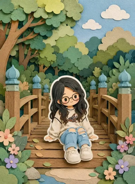 Cute layered paper-cut art style illustration of a chibi girl with big expressive eyes and long wavy black hair, designe