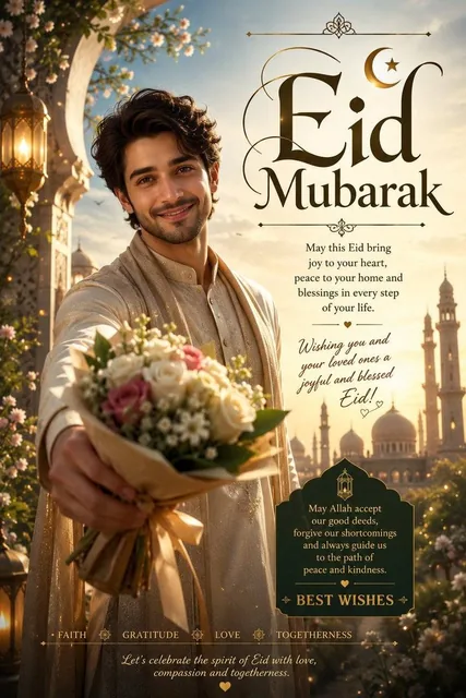 Generate a poster for wishing my X audience Eid Mubarak and best wishes written, it should be creative and breathtakingl