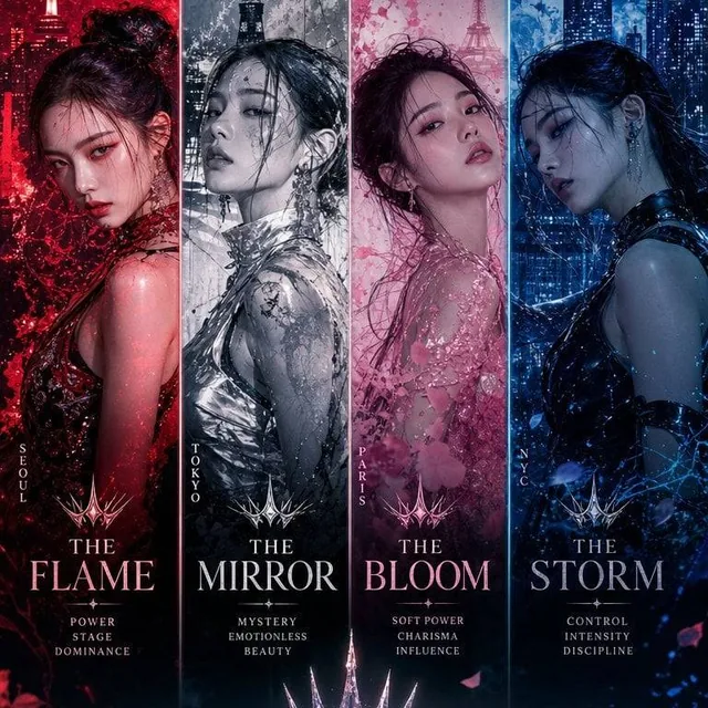 Ultra-premium K-pop comeback concept featuring a four-member global girl group embodying luxury chaos, emotional power,