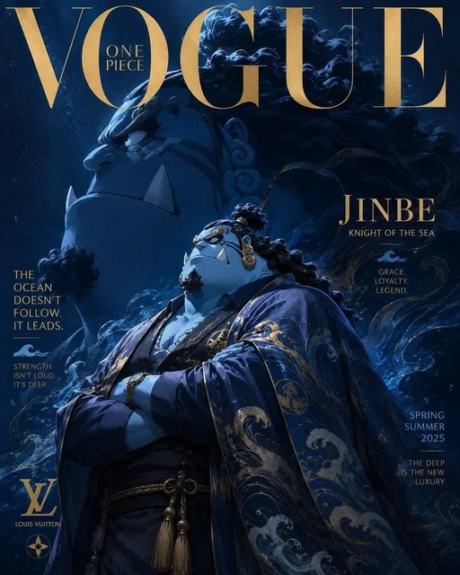 Luxury anime fashion magazine cover inspired by Vogue and haute couture editorials, One Piece character reimagined as an