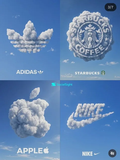 Create a premium 2x2 grid poster featuring four iconic brand logos sculpted entirely from realistic fluffy white clouds