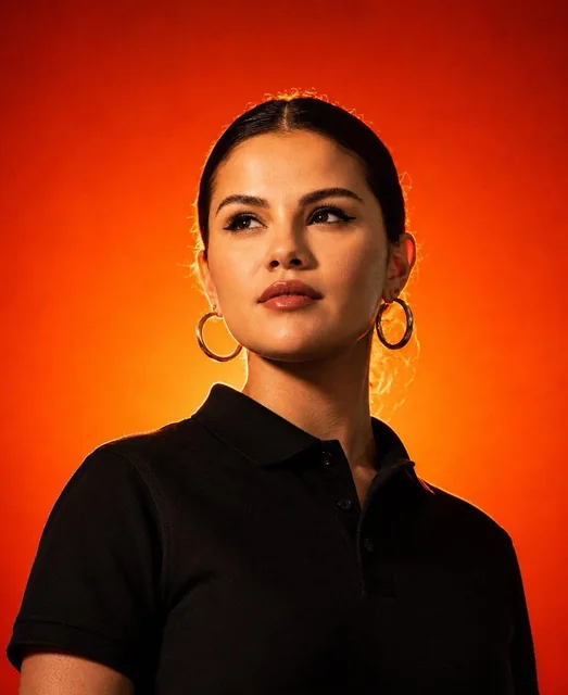 Ultra-realistic studio portrait photography, confident fashion model wearing a plain black polo shirt, waist-up composit