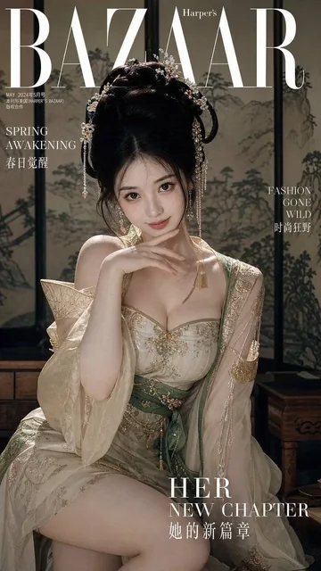 顶尖现代时尚杂志封面大片，一位20岁左右的国风美女，身着改良版华丽古装（汉服元素）。她拥有丰腴匀称的沙漏型身材，裁剪得体的古装完美勾勒出优美曲线。神态灵动娇俏，眼神带着一丝俏皮与卖萌的可爱感，直视镜头。精致的古风发饰，肤如凝脂。哈苏相机拍摄