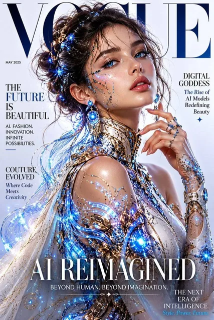 Professional magazine cover design, Vogue style, fictional AI model with photorealistic face, elegant haute couture outf