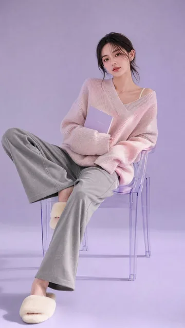 Luxury pastel editorial portrait, beautiful young woman seated on a transparent designer acrylic chair, monochromatic la