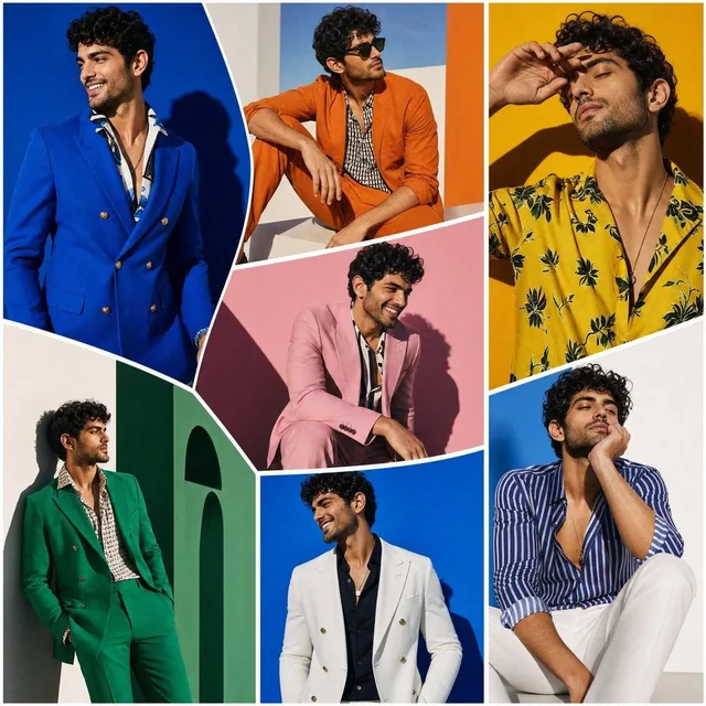The SAME male model displayed across oversized random-shaped fashion panels inspired by modern art galleries. Bold block