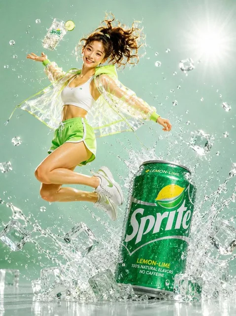 A young woman mid-air jumping pose, high ponytail flying, pure excitement on her face, wearing a white crop top, neon gr