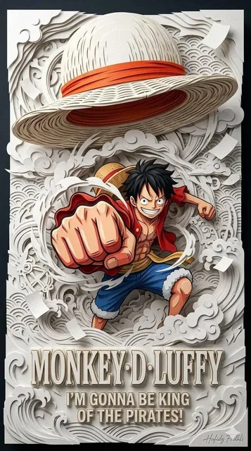 Ultra-detailed 3D layered papercraft anime poster, dynamic anime hero emerging from intricate paper-cut waves and swirli