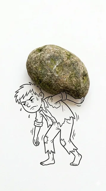 A real-life everyday object, like a tomato, is perfectly integrated as a key part of a hand-drawn black ink cartoon illustration on a white background.