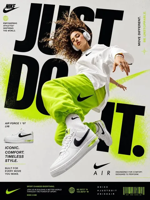 Generate a perfectly graphic designed poster of Nike Shoe advertisement. The character (indian young funky girl_wearing