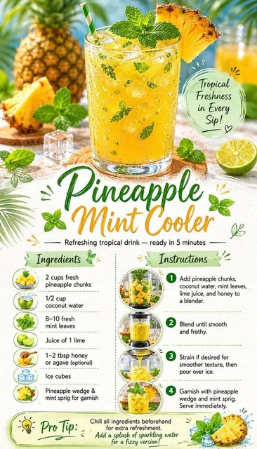 Create a beautiful, vertical recipe card for "Pineapple Mint Cooler" as a vibrant summer refresher. Use a clean minimali