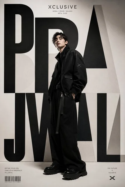A world-class luxury fashion editorial poster for XCLUSIVE, inspired by contemporary Korean luxury streetwear campaigns