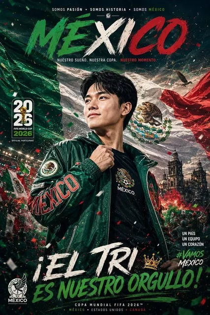 Ultra-cinematic FIFA World Cup 2026 promotional poster, proud young supporter standing heroically in the center, wearing