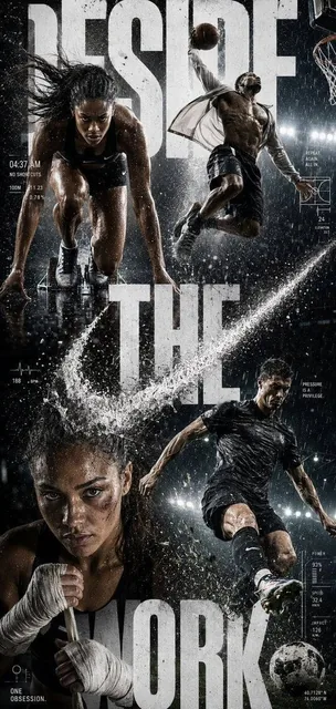 A hyper-realistic vertical poster for a global sportswear campaign titled 'DESIRE THE WORK', featuring four elite athletes in intense action, with abstract typography and motion gr