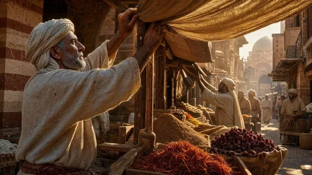 A bustling 14th-century Egyptian spice market at early morning, eye-level perspective. The scene is framed in 16:9 cinem