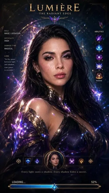 Cinematic League of Legends champion loading screen, ultra-realistic AAA game menu aesthetic matching official LoL clien