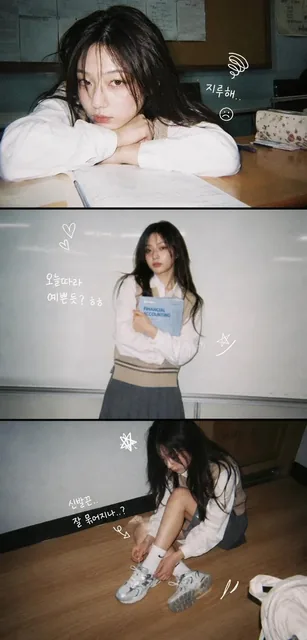 A vertical 3-panel college photo strip. The subject is a girl with long hair in a beige knit vest. Panel 1(top): close u