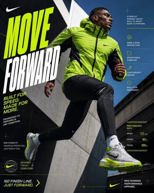 Elite athlete captured mid-leap in a modern urban setting, wearing a Nike jacket with visible Swoosh and technical details, emphasizing speed and forward motion.