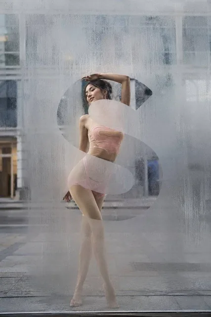 A full-body street style shot featuring a model obscured by frosted glass, with the character 'S' artfully carved out, revealing glimpses of her elegant.