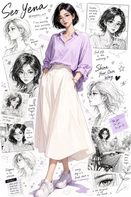 Semi-realistic anime-inspired portrait of a stylish young Korean woman with a short glossy black bob tucked behind one e