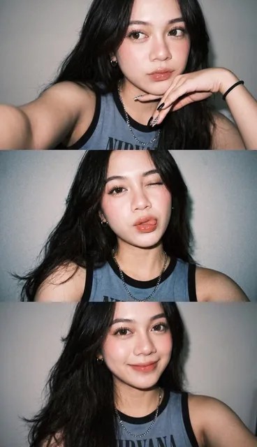 Ultra-realistic Gen Z selfie photo collage, three vertical smartphone flash selfies of a young woman with long wavy blac