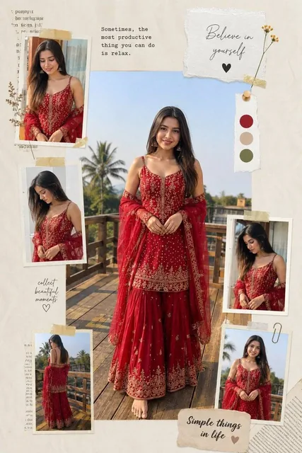 Instagram viral photo collage poster, vertical 4:6 format. Center: hyperrealistic Indian woman, light wheatish skin, lon
