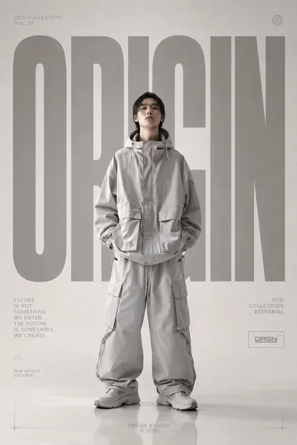 Premium high-fashion editorial poster for [BRAND NAME], full-body fashion model centered, oversized luxury streetwear ou