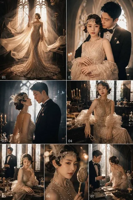 请基于用户上传的两位成年人清晰生活照，生成一张「Gatsby 风格 / 1920s Art Deco 风格」的超高预算婚纱写真。