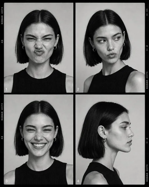 Black-and-white fashion casting contact sheet of [Human] with [Hair], arranged in a clean 2x2 grid of four close portrai