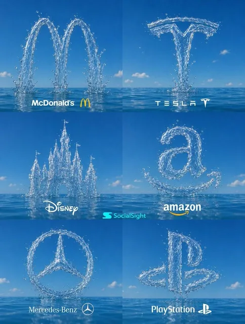 Create a premium 3x2 grid collage of iconic global brand logos recreated entirely from dynamic water formations, floatin