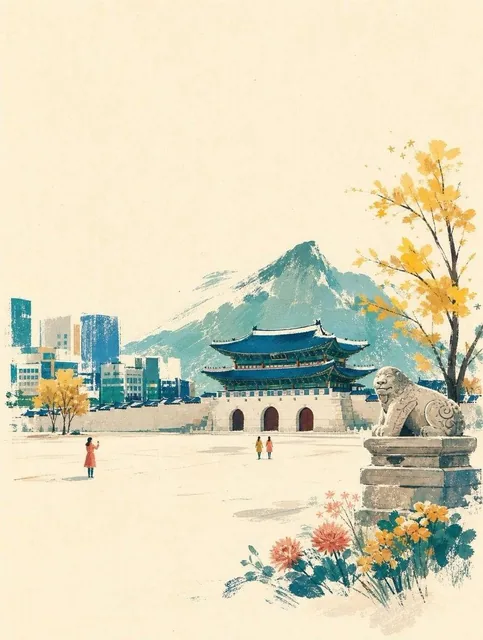 A wide horizontal landscape hand-painted illustration of [Landmark Name] in [City Country] with strong emphasis on negat