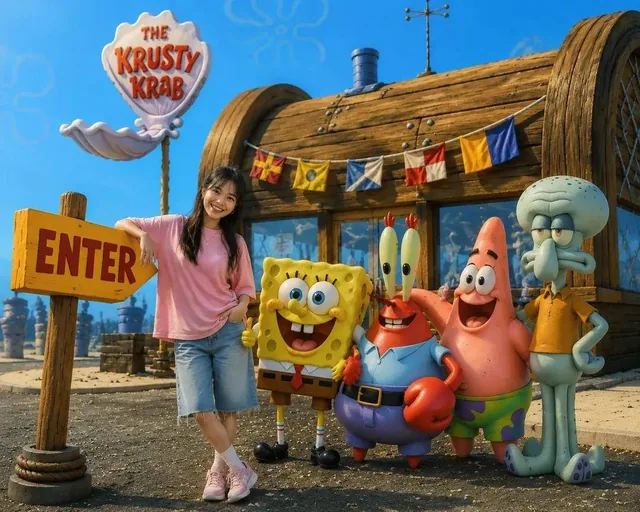 A realistic 3D live-action style photo of a cheerful young Asian woman with long dark hair, wearing a pink t-shirt, deni