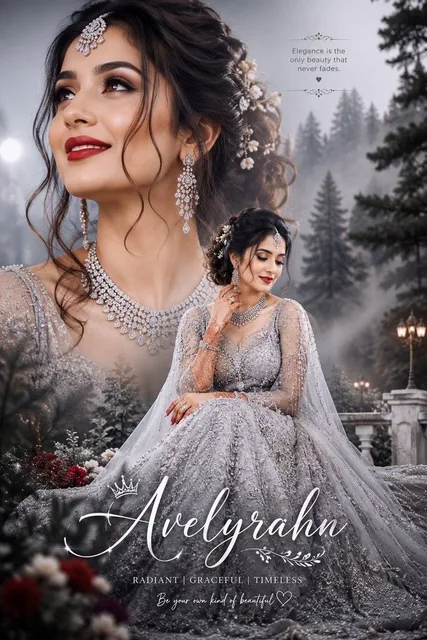 Ultra-realistic bridal portrait collage, beautiful Indian bride in silver lehenga gown, elegant diamond jewelry, red lip
