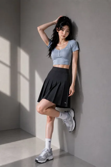 Ultra-realistic full-body fashion editorial photograph of a beautiful young East Asian woman with long glossy black hair