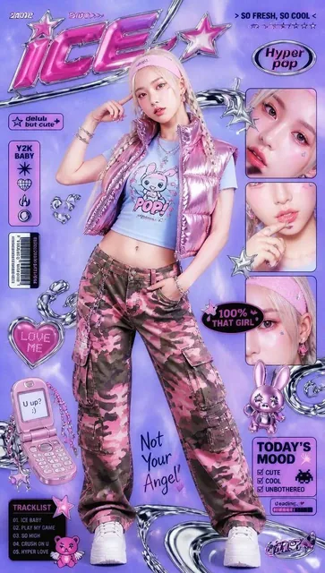 A vibrant Y2K hyper-pop aesthetic magazine cover / promotional poster, 2000s nostalgia style, featuring a beautiful youn