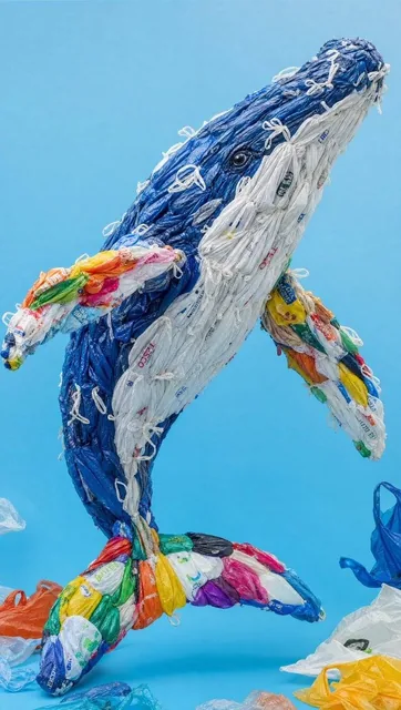 A highly detailed realistic photograph of a creative sculpture of a [Sea Animal] made entirely from colorful recycled pl