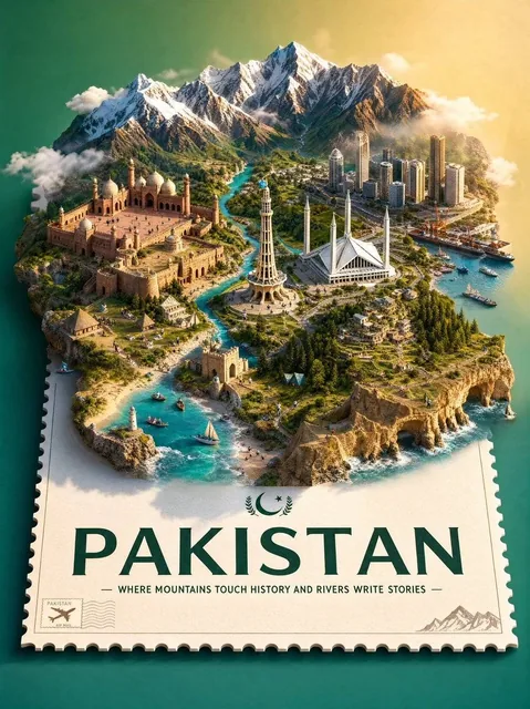 Create a premium stylized 3D isometric travel poster of Pakistan designed as a floating miniature world placed on top of