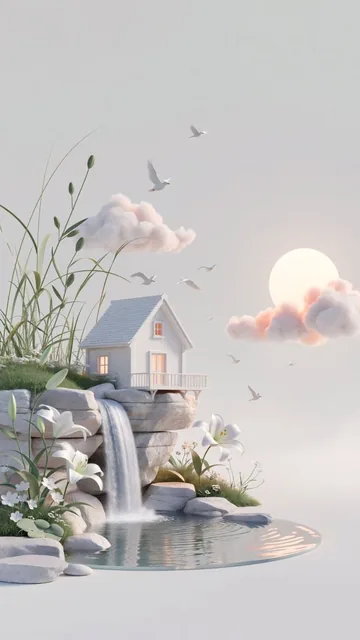 dreamy surreal 3D illustration, vertical composition with a minimalist pale gray background and most elements arranged a