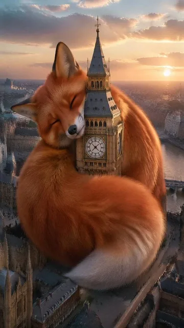 A super enormous [ANIMAL] curled up adorably on the [PLACE/OBJECT], its tail wrapped around the structure. Surrounding h