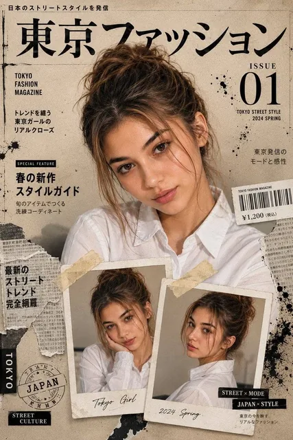 Create 8K Ultra-cinematic premium Japanese fashion cover using ref image as exact identity. Large cinematic portrait top